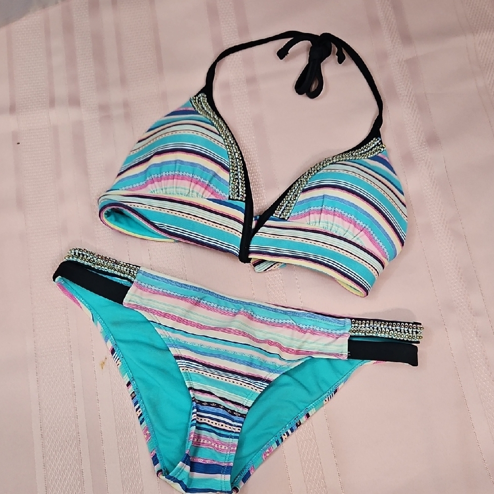 TIME & TRU Women's 2-Piece Beaded Wailau Stripe Bikini-Sz M (8-10)
